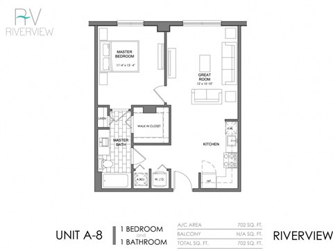 Floor plan for 1 bed, 1 bath, 702 sqft
